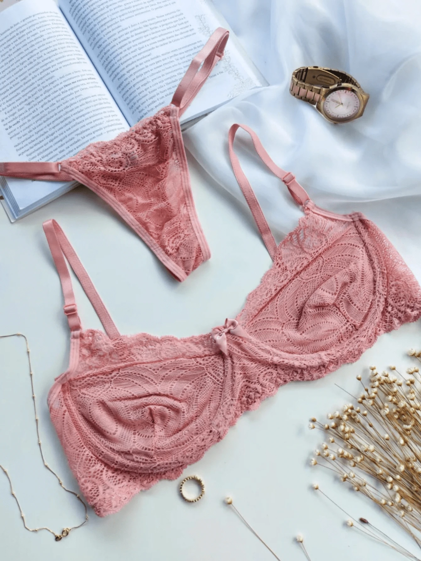 Sexy Lingerie Set Without Underwire And Adjustable G-String Panties Glamour - Màu hồng gỉ - Xem 1