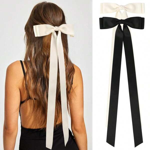 27 Inch Long Tail Bow Hair Clips For Women Large Silky Satin Hair Bows Hair Ribbon Ponytail Holder Accessories Hair Bow With Metal Clips Bowknot Hair Barrettes 2PCS (Black White Pink) Claw Clips, School Stuff