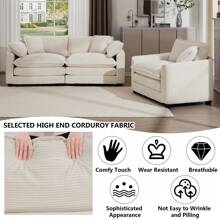 Luxury 2 Piece Sofa Set, Loveseat Couch & Sofa Armchair Set, Modern Corduroy Comfy Cloud Couches Set For Living Room Office With 2 Armrest Pillows And 3 Toss Pillows, Beige - 米色+椅子 - 查看 3