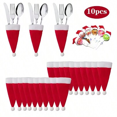 10 pièces Mini Chapeaux du Père Noël pour couverts, décoration de table de fête de Noël, porte-couverts, sacs pour couteaux, fourchettes et ustensiles, décoration de fête de Noël pour la maison, le restaurant et la salle à manger, rouge