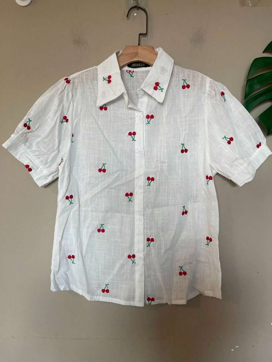 KALINA FASHION  Camisa feminina de linho Bordada de com estampa de cereja - Branco - Visão 1