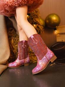 Botas vaqueras con bordado y brillo para niñas pequeñas, unisex, hasta el tobillo, punta cuadrada, tacón alto estilo occidental de arcoíris, zapatos de montar occidentales para niños pequeños y grandes - Rosa coral - Ver 1