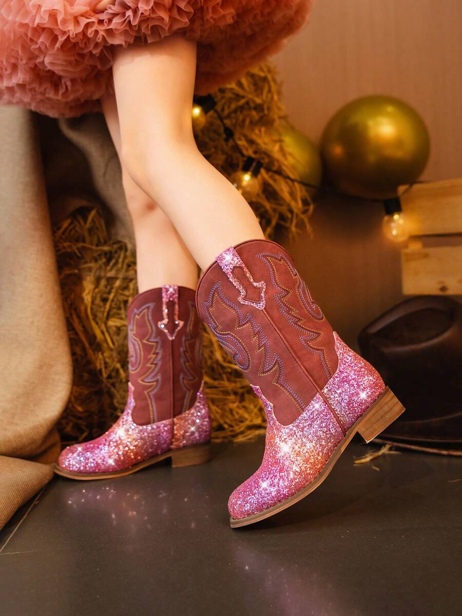Botas vaqueras con bordado y brillo para niñas pequeñas, unisex, hasta el tobillo, punta cuadrada, tacón alto estilo occidental de arcoíris, zapatos de montar occidentales para niños pequeños y grandes - Rosa coral - Ver 1