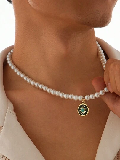 1pc Men's Faux Pearl Beaded Necklace With Minimalist Goldtone Turquoise Sun Pendant, Suitable For Daily Wear And Party
