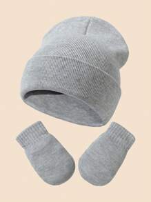 1set Light Grey Baby & Toddler Knitted Beanie Hat + Gloves Combo Set, Autumn/Winter Outdoor Wear
