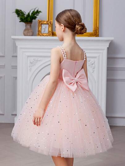Young Girl's Pink Spaghetti Strap Bow Beaded Sequin Christmas Party Elegant Mesh Dress, Princess Dress Suitable For Girls' Birthday Party, Wedding, Flower Girl, School Performance, Holiday Celebration