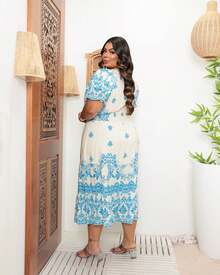 Plus Size Midi Dress With Hem - 藍色 - 查看 2