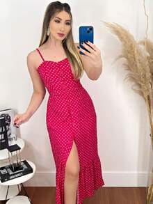 WOMEN'S POLKA DOT MIDI DRESS, WITH BUTTONS AND THIN STRAPS. - 玫紅色 - 查看 3