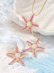3pcs Fashionable Beach Style Starfish & Faux Pearl Pendant Necklace And Earrings Set, Women's Casual Summer - Yellow Gold - View 9