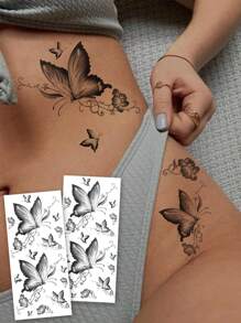 2 Sheets Big Size Body Art Temporary Tattoo Stickers For Women Or Men, Black Ink Painting Butterfly Pattern, Waterproof Fake Tattoo, Lasts 2-5 Days, Covering Scars,Can Be Used On Arms Wrist Shoulders Legs Waist Neck Hand Chest Thighs Finger Ankle, Suitable For Parties, Gifts, Vacations, Body Decoration - Black - View 6