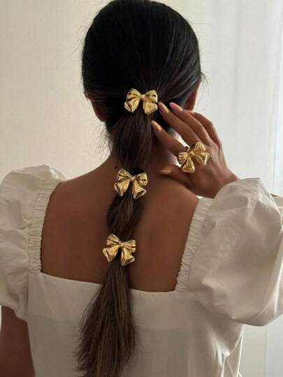3pcs Women's Fashionable Metal Delicate Bowknot Hair Ties, Ideal For Summer Beach Vacation Style Ponytail Holders Hair Elastics Hair Rubber Bands Scrunchies Hair Rope Elastic Hair Tie, Gold Head Piece, Hair Bobbles ,Gifts Hair Accessories Head Accessories Elastic Band