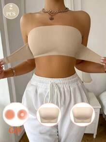 2pcs Beige Strapless Front Closure Seamless Padded Bras For Women - Beige - View 1