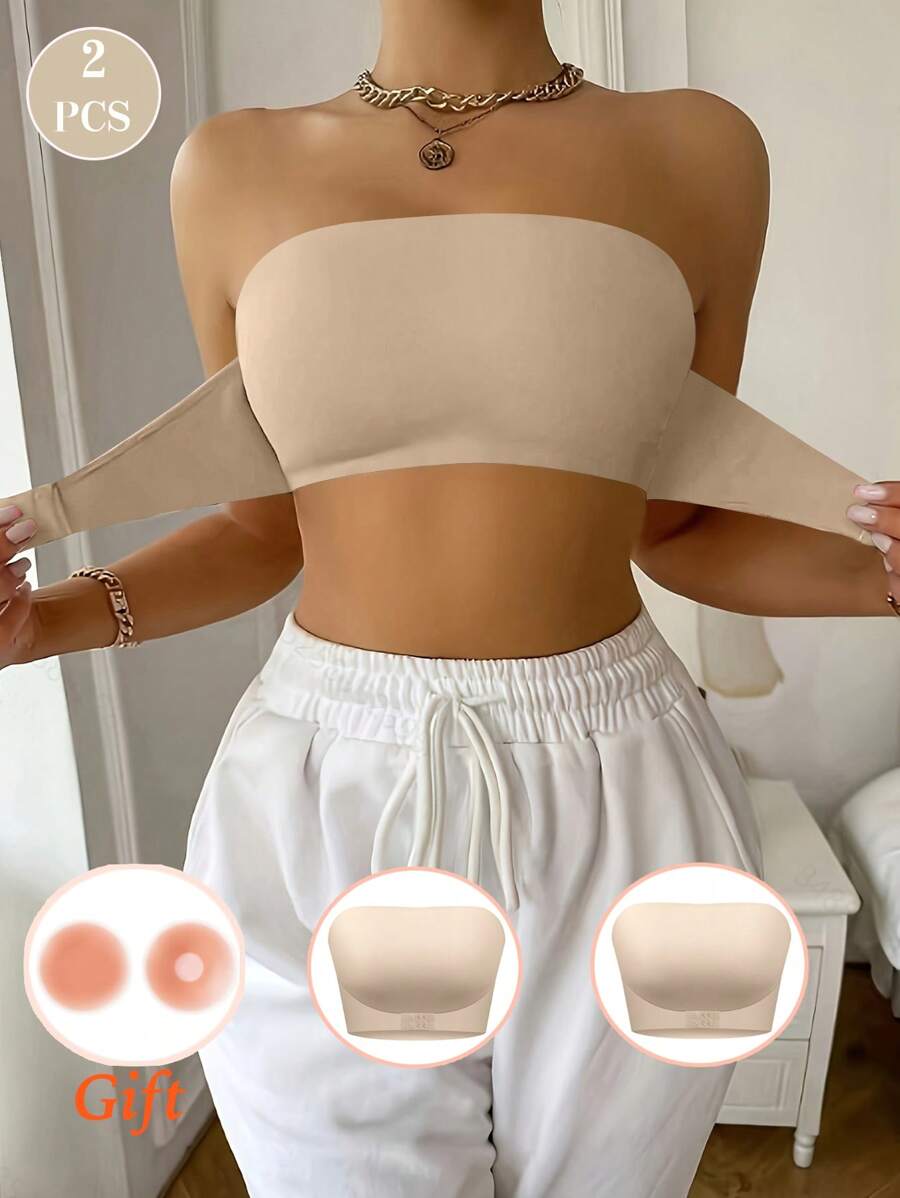 2pcs Beige Strapless Front Closure Seamless Padded Bras For Women - Beige - View 1