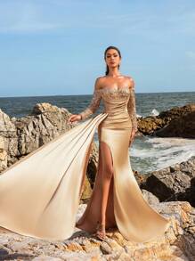 Faeriesty Off Shoulder Sequin Bodice Mermaid Hem Satin Formal Dress, Elegant Long Sleeve Prom Evening Gown, For Wedding Guest, Graduation, Dinner