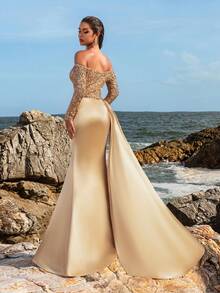 Faeriesty Off Shoulder Sequin Bodice Mermaid Hem Satin Formal Dress, Elegant Long Sleeve Prom Evening Gown, For Wedding Guest, Graduation, Dinner