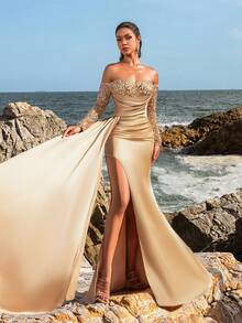 Faeriesty Off Shoulder Sequin Bodice Mermaid Hem Satin Formal Dress, Elegant Long Sleeve Prom Evening Gown, For Wedding Guest, Graduation, Dinner