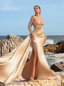 Faeriesty Off Shoulder Sequin Bodice Mermaid Hem Satin Formal Dress, Elegant Long Sleeve Prom Evening Gown, For Wedding Guest, Graduation, Dinner