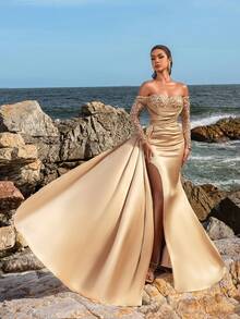 Faeriesty Off Shoulder Sequin Bodice Mermaid Hem Satin Formal Dress, Elegant Long Sleeve Prom Evening Gown, For Wedding Guest, Graduation, Dinner