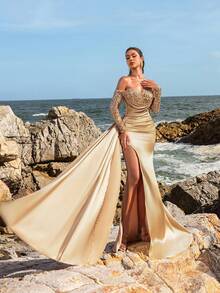 Faeriesty Off Shoulder Sequin Bodice Mermaid Hem Satin Formal Dress, Elegant Long Sleeve Prom Evening Gown, For Wedding Guest, Graduation, Dinner