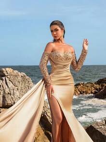 Faeriesty Off Shoulder Sequin Bodice Mermaid Hem Satin Formal Dress, Elegant Long Sleeve Prom Evening Gown, For Wedding Guest, Graduation, Dinner