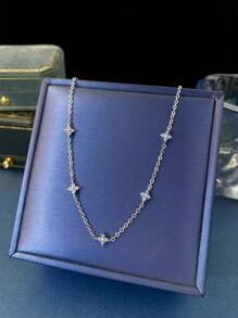 1pc Elegant Four-Leaf Clover Necklace, 925 Sterling Silver Lightweight Star Necklace, Delicate Jewelry Gift, Suitable For Girls Party And Daily Wear - White Zirconium - View 8