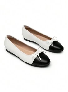 Women's Flats Round Toe Ballet Bow Fashionable And Comfortable Slip-On College School Casual Party Dance Colorblock Flat Shoes - 黑與白 - 查看 1