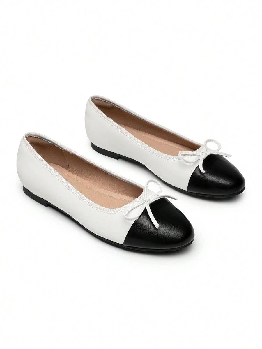 Women's Flats Round Toe Ballet Bow Fashionable And Comfortable Slip-On College School Casual Party Dance Colorblock Flat Shoes - 黑與白 - 查看 1