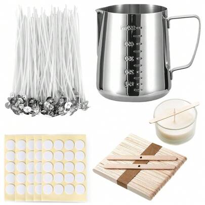 Kit de suministros para hacer velas, herramientas artesanales para hacer velas, 1 jarra de acero inoxidable para verter velas, 100 mechas para velas, 100 pegatinas para mechas de velas y 50 soportes de 1 agujero para mechas de velas