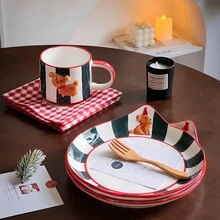 可爱的手绘小狗陶瓷杯，可爱的少女牛奶和咖啡杯，配有配套的蛋糕、沙拉、意大利面盘 - 彩色 - 查看 4