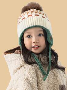 1pc Kids Knitted Beanie Hat With Fashionable Pom Pom, Unisex Windproof Warm Cap For Autumn Winter - Knitted Hat-wool Ball - View 2