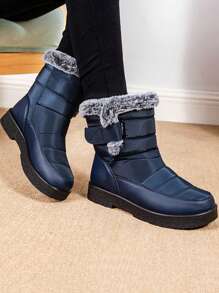 Botas de neve femininas com acabamento em pele quente de inverno, impermeáveis e antiderrapantes com botas de tornozelo grossas com forro térmico - Azul - Ver 6