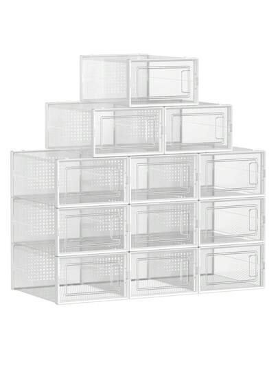  SONGMICS Cajas de Zapatos Plástico, Juego de 12 Organizadores de Almacenamiento, Caja Zapatero Plástico Plegable y Apilable para Zapatillas hasta talla 44, Transparente y Blanco