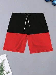 Men's 3D Summer Black And Red Panel Drawstring Beach Shorts - Multicolor - View 3