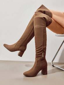Women Thick Heel High-Heeled Elastic Suede Leather Over-The-Knee Boots For Autumn And Winter Wearing - 棕色 - 查看 1