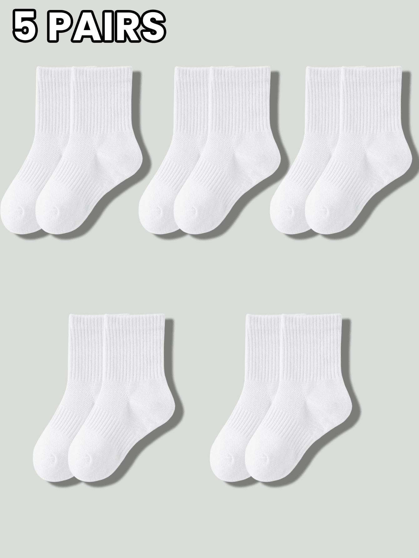 Juego de 5 pares de calcetines altos sólidos simples en color negro, blanco y gris para bebés