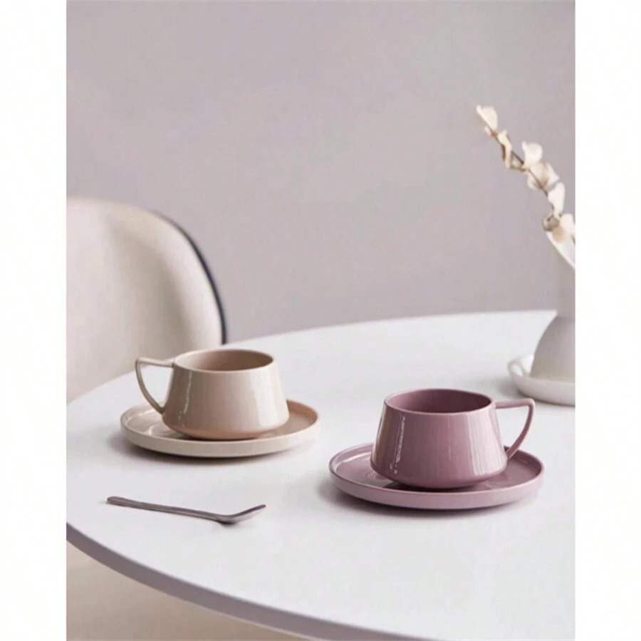 陶瓷简约咖啡杯，精致优雅下午茶杯碟套装，适合家庭使用 - 彩色 - 查看 1