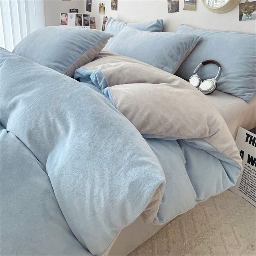 Set da 4 pezzi Biancheria da letto in colore tinta unita semplice e calda, antistrappo, con tessuto in pile double face, adatta per autunno/inverno