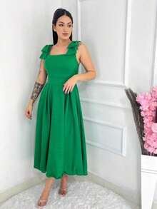 Women's Midi Dress With Bow On The Straps Elegant Look - 綠色 - 查看 4