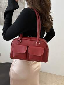 1个简约复古拉链手提包，带口袋，双提手，适合女士日常休闲及通勤使用。 - 紅色 - 查看 3