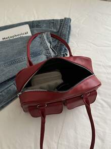 1个简约复古拉链手提包，带口袋，双提手，适合女士日常休闲及通勤使用。 - 紅色 - 查看 6