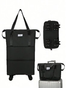 Foldable Wheeled Travel Bag, Large Capacity, Wet & Dry Separation Pockets, Suitable For Travel, Vacations, Students, Study Abroad, High School Students, Oxford Cloth Travel Bag, 360° Rotating Wheels - Black - View 1