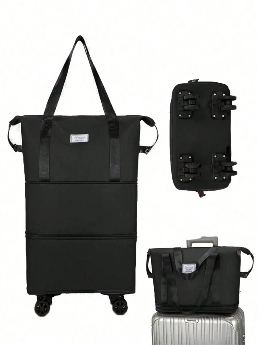 Foldable Wheeled Travel Bag, Large Capacity, Wet & Dry Separation Pockets, Suitable For Travel, Vacations, Students, Study Abroad, High School Students, Oxford Cloth Travel Bag, 360° Rotating Wheels - Black - View 1