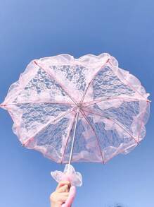 1pc Women Cute Sweet Lolita Lace Trim Straight Handle Parasol, Suitable For Wedding, Anime, Cosplay