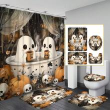 1 件/4 件万圣节浴室装饰套装，包括鬼浴缸浴帘、骷髅浴室配件、南瓜、雏菊、水杯防水浴帘、花卉浴垫、植物马桶座套、防滑 U 型垫、万圣节礼物、秋季家居装饰、万圣节装饰品，配有 12 个浴帘挂钩，70.8 英寸 X 70.8 英寸 - 彩色 - 查看 1