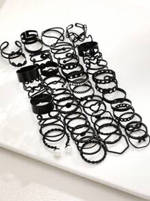 53pcs Elegant Geometric Vintage Heart, Butterfly, Faux Pearl, Crystal Rings Set, Fashion Accessory For Holiday, Party, Daily Wear - Black - View 8