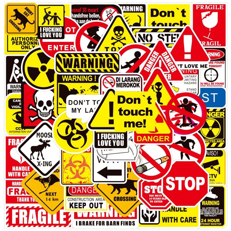 50PCS Warning Signs Stickers Aesthetic Vinyl Stickers Decals Scrapbook, Journaling, Laptop, Bumper, Skateboard, Water Bottles, Computer, Phone Back To School - Multicolor - View 1