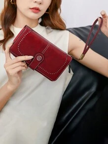 Billetera larga encerado para mujer cartera antimagnética RFID, cartera con cremallera larga, bolso de mano de gran capacidad europeo y americano - Rojo - Ver 3