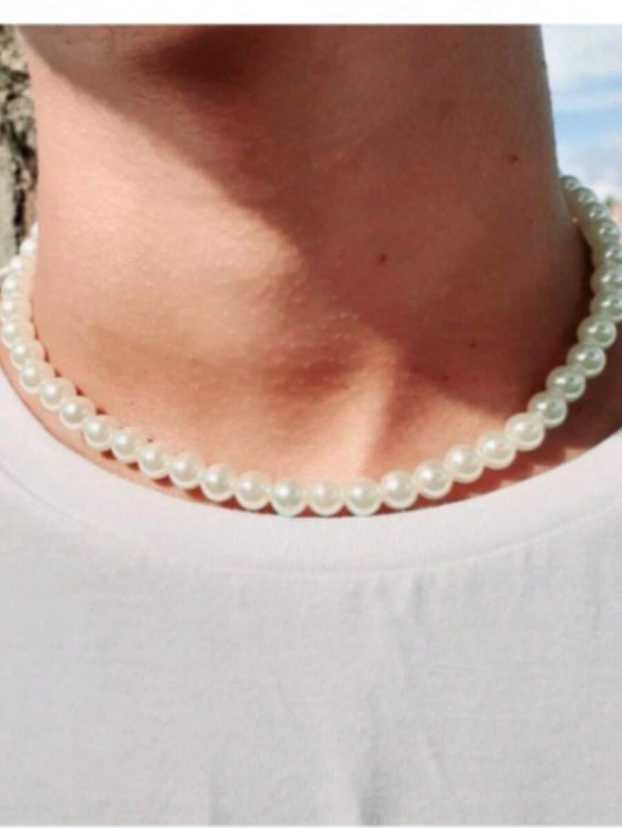 Men's Pearl Necklace - Pearl Choker Necklace For Men Women Unisex - 象牙色 - 查看 1