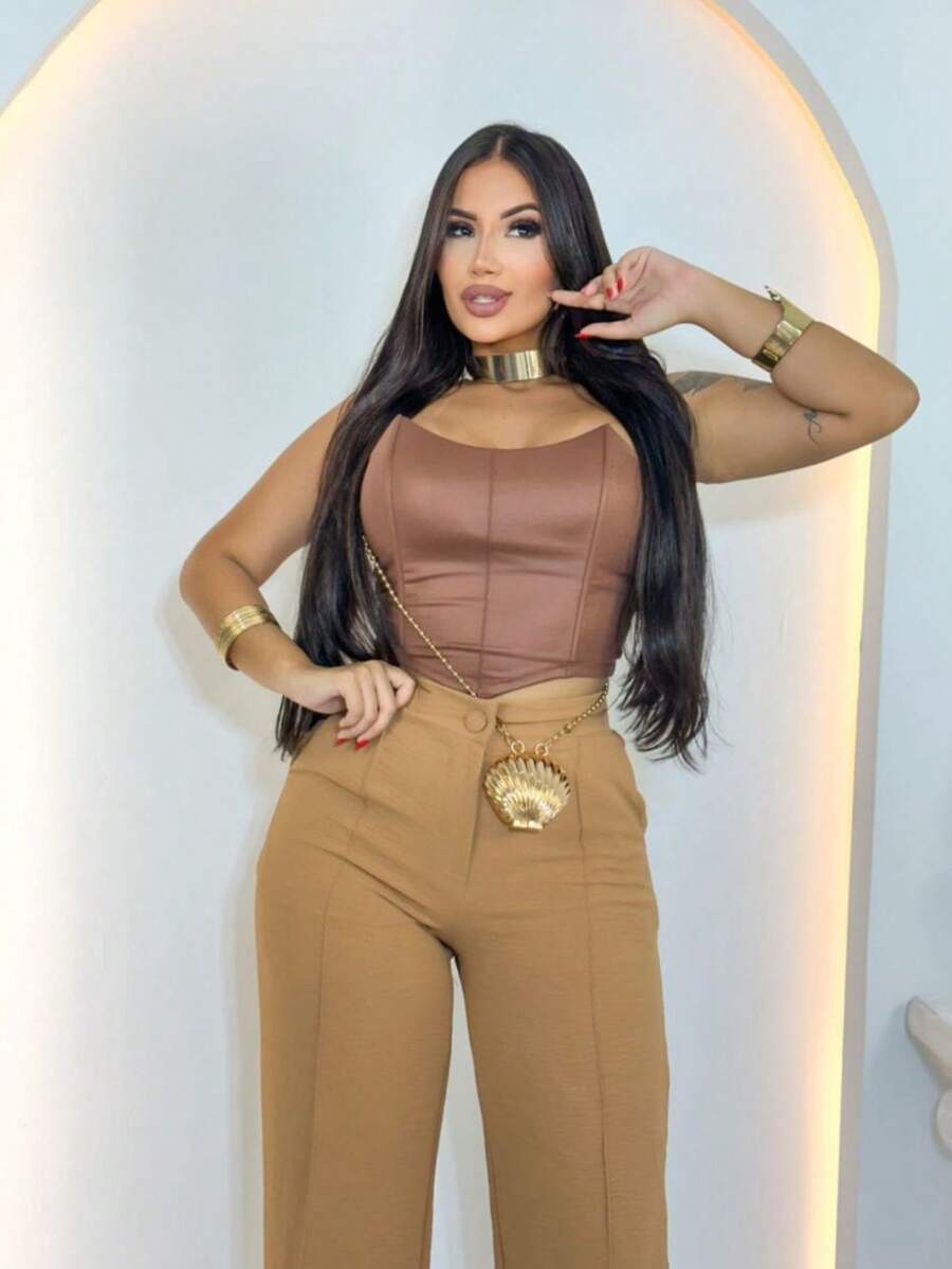 Women's Strapless Cropped Corset - Rỉ Nâu - Xem 1