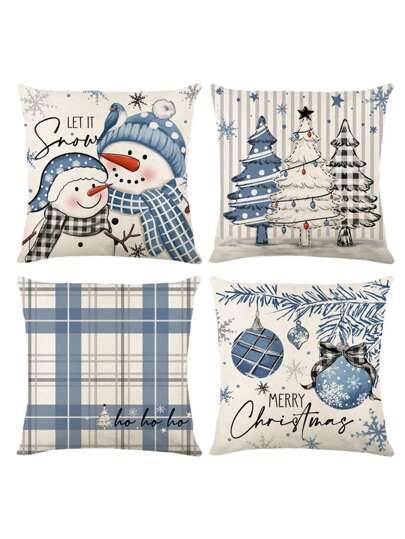 4 件亚麻圣诞枕套，蓝白格子雪人雪花圣诞球图案抱枕套靠垫套，圣诞装饰，圣诞派对用品，圣诞礼物，圣诞装饰，家居装饰，圣诞节